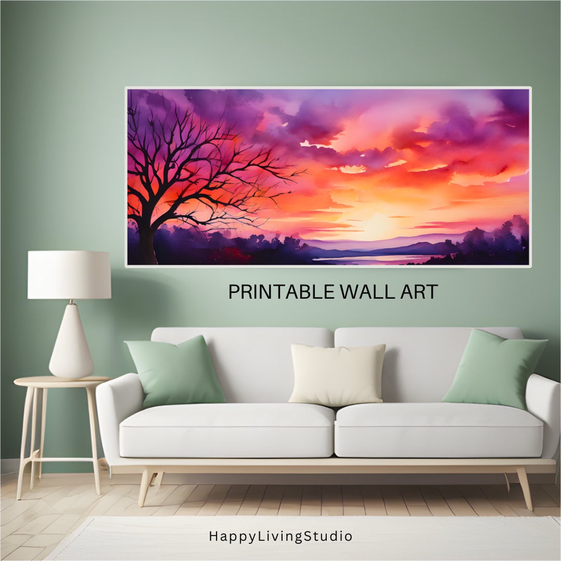 Vivid Sunset Sky Watercolor Purple Orange Clouds Bare Tree Poster - Image 3
