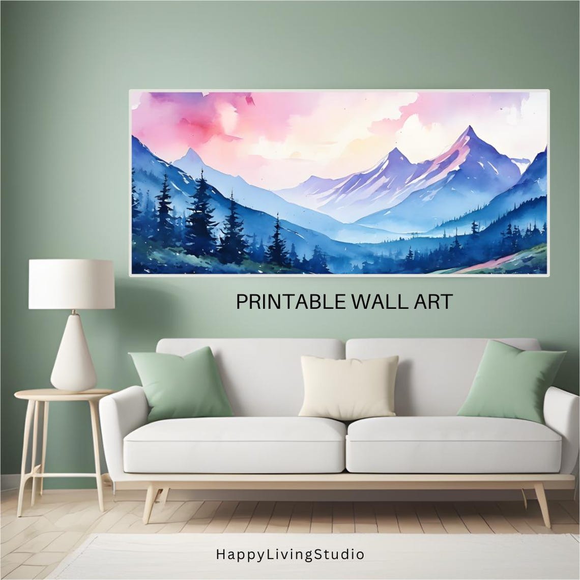 Blue Mountain Valley Watercolor Pink Dawn Sky Pine Forest Poster - Image 3