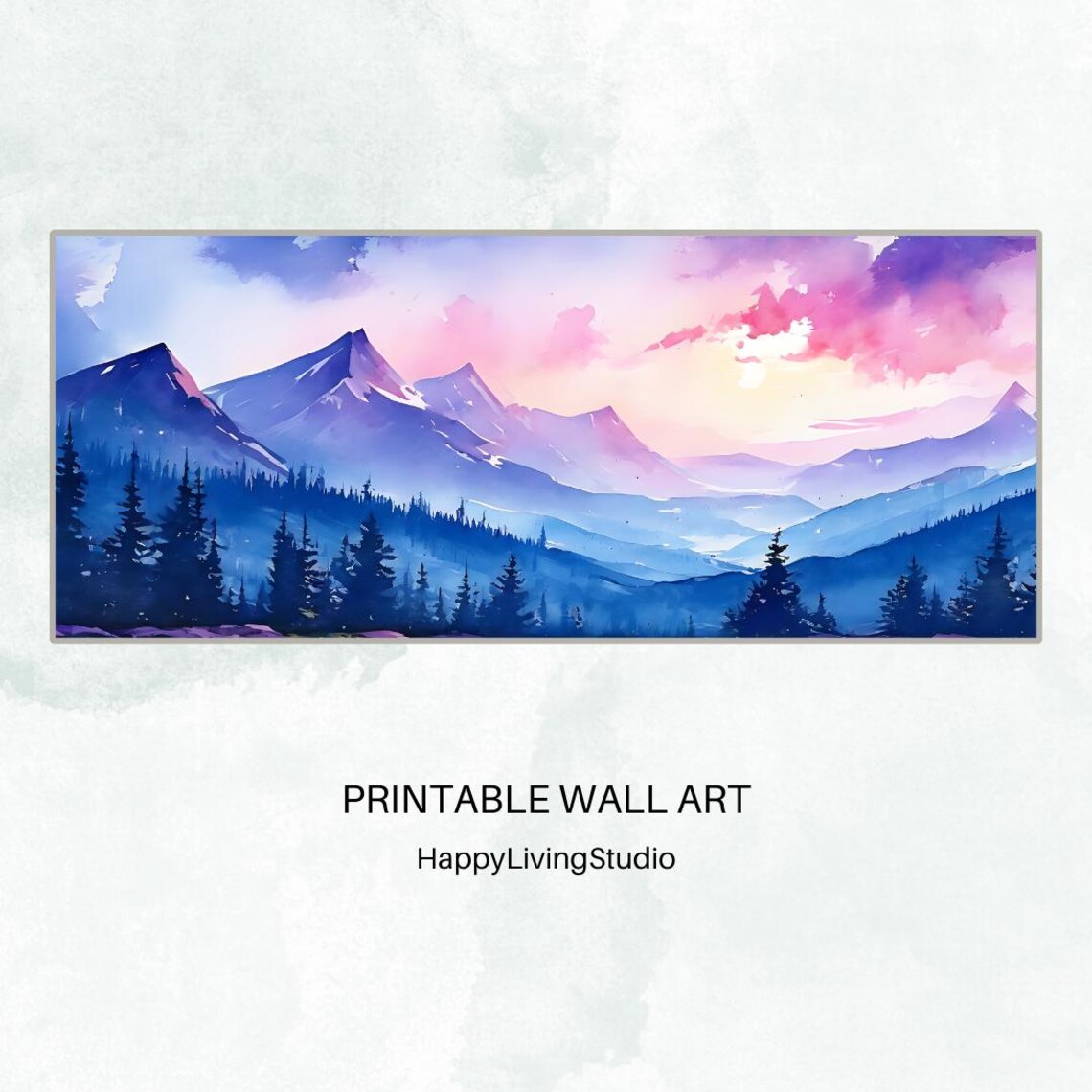 Mountain Watercolor Landscape Pink Purple Sky Snowy Peaks Wall Poster - Image 4