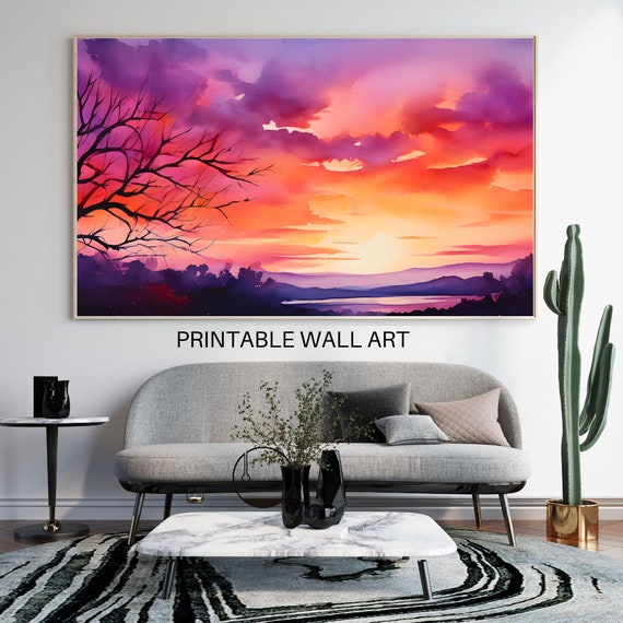 Colorful Violet Sky Wall Art Large Art Print High Resolution Horizontal Wall Art Print Colorful Watercolor Print Printables