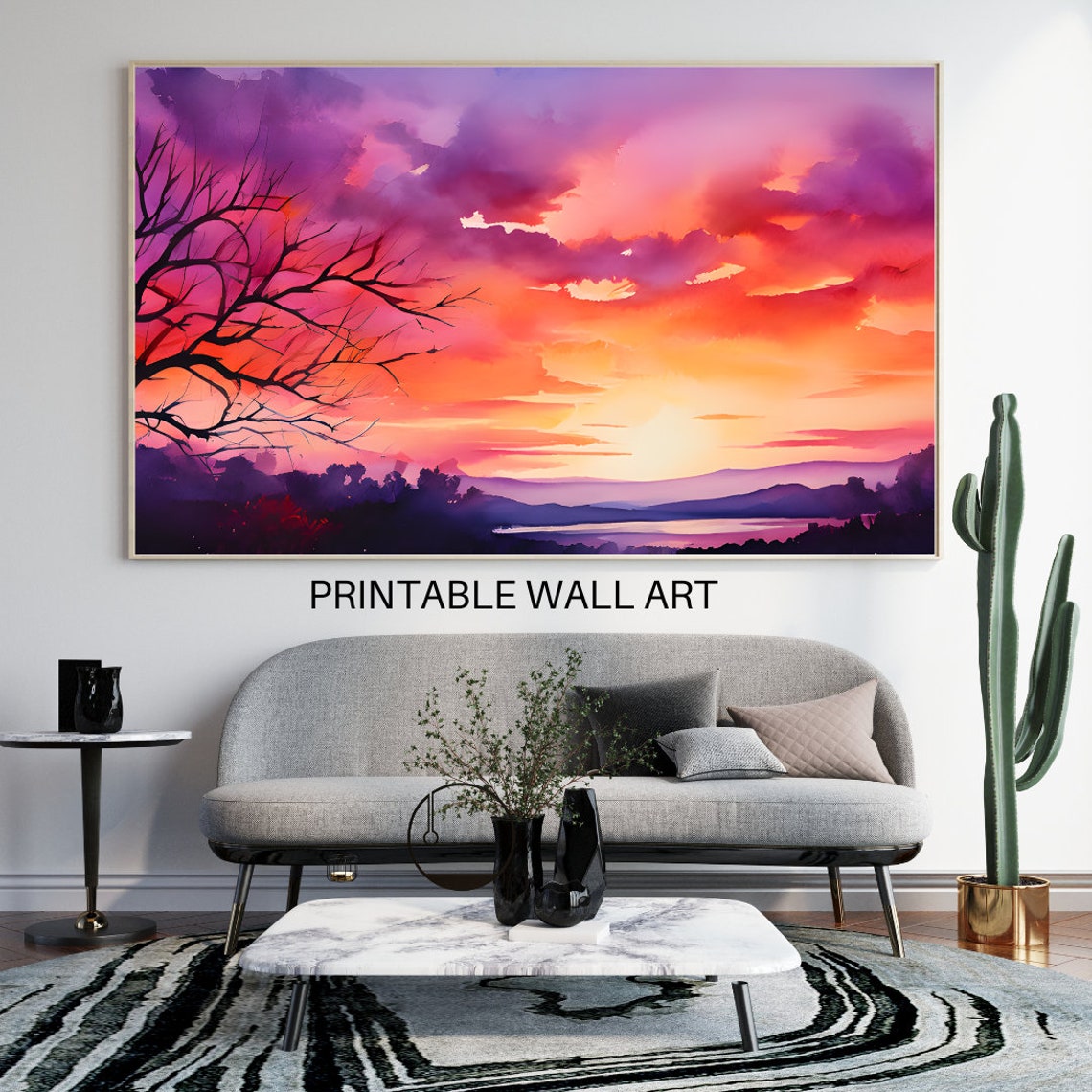 Vivid Sunset Sky Watercolor Purple Orange Clouds Bare Tree Poster
