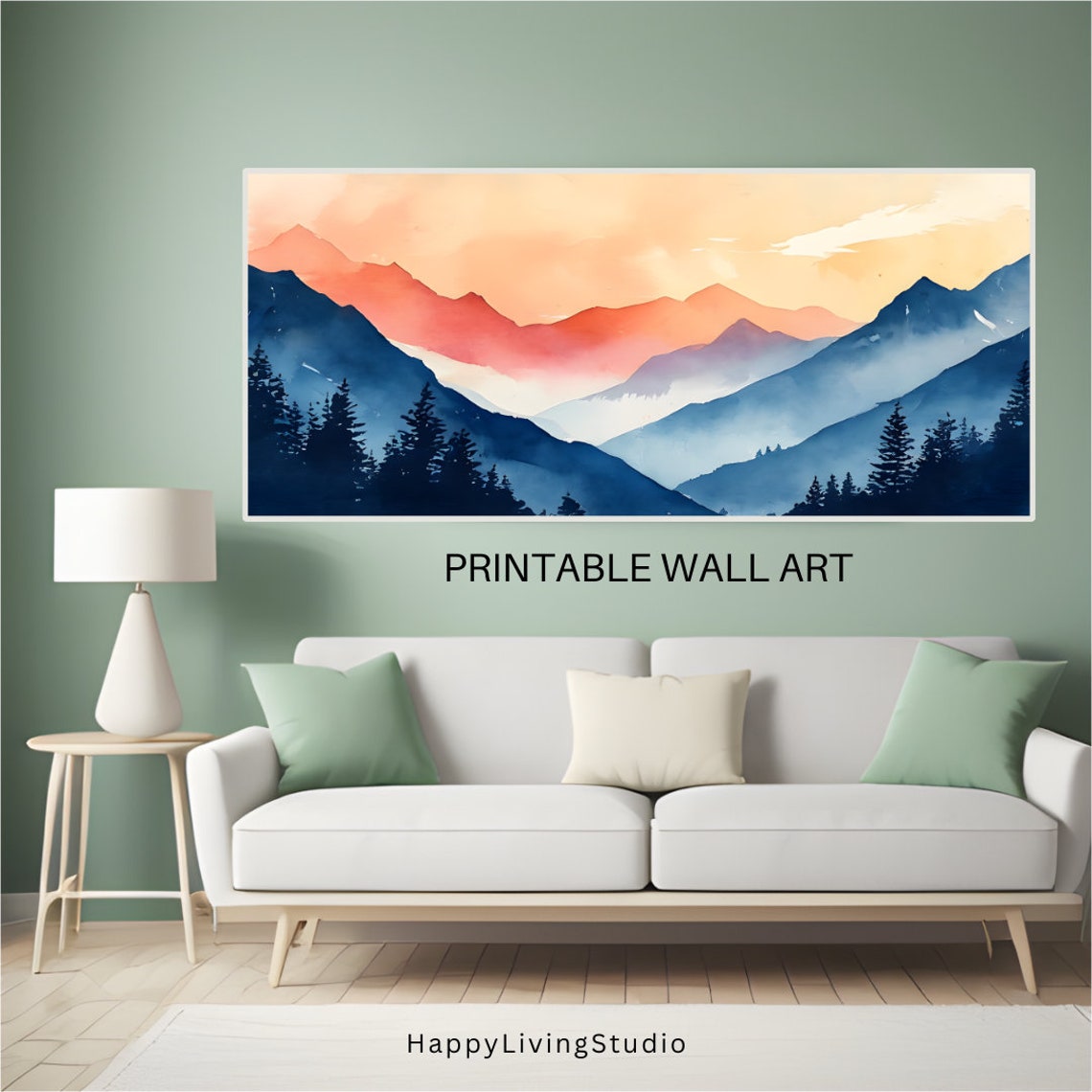 Sunrise Mountain Peaks Watercolor Orange Glow Blue Valley Poster - Image 3