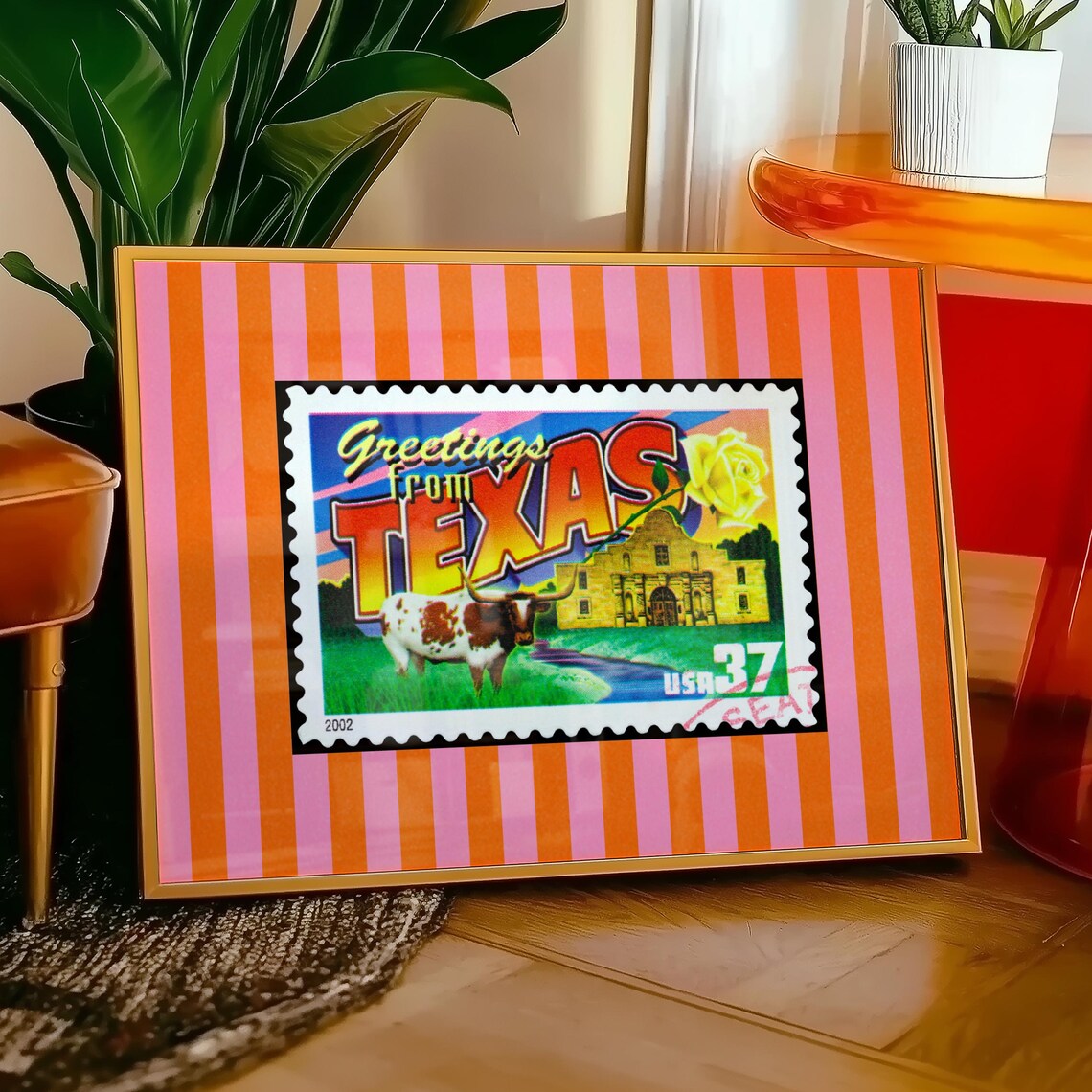 Greetings From Texas Longhorn Alamo Retro Vintage Stamp Poster