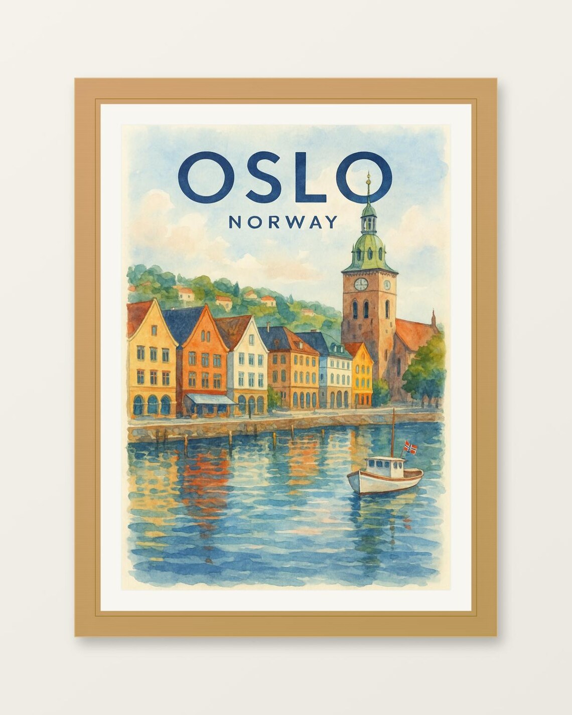 Oslo Norway Watercolor Harbor Travel Poster with Colorful Waterfront