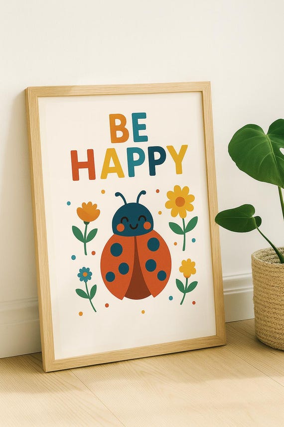 Ladybug Nursery Print Be Happy Kids Room Decor