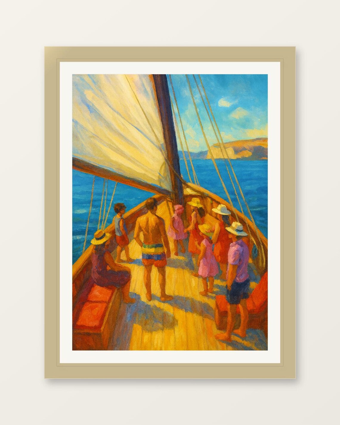 Sunlit Sailboat Deck Friends Watercolor Summer Ocean Sailing Art Poster