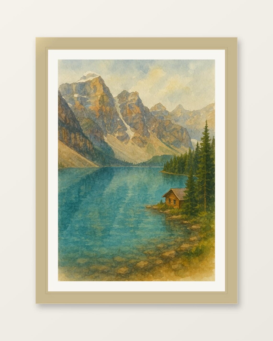 Moraine Lake Canada Watercolor Turquoise Mountain Cabin Poster