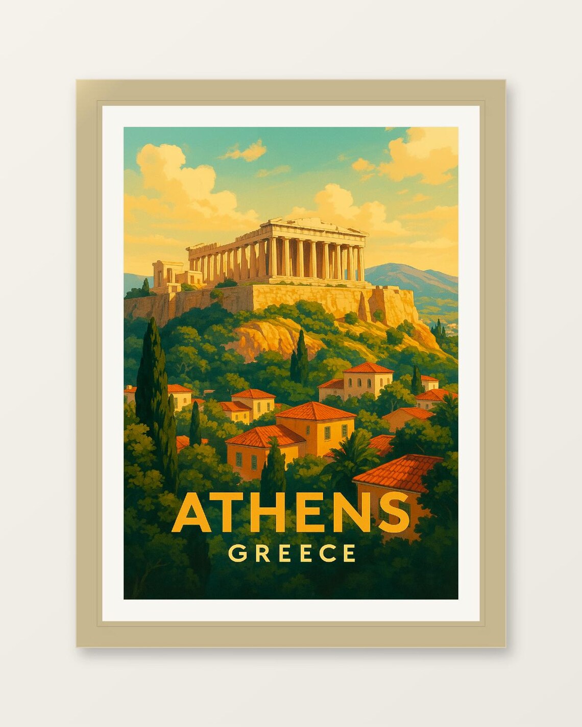 Athens Greece Acropolis Parthenon Retro Vintage Travel Poster