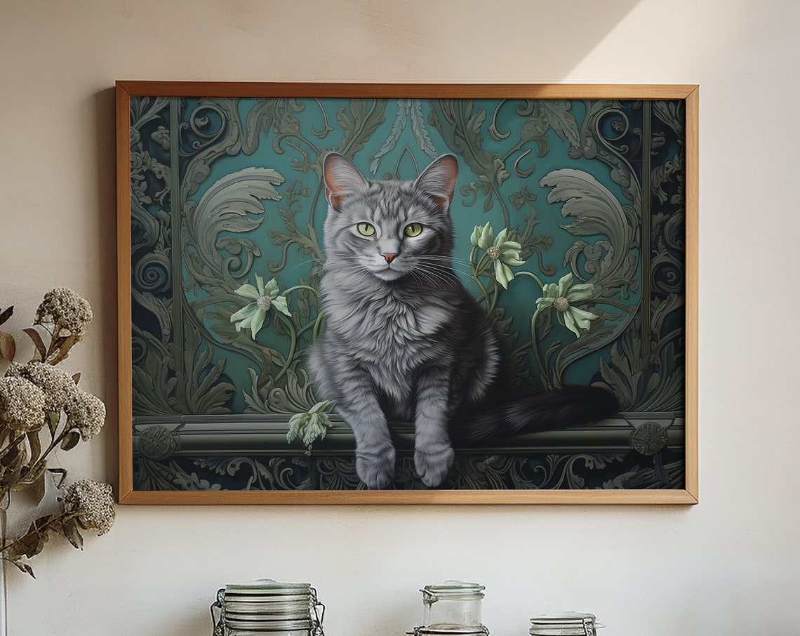 Gray Cat Resting Before a Teal Botanical Morris Inspired Wall Art - Image 4