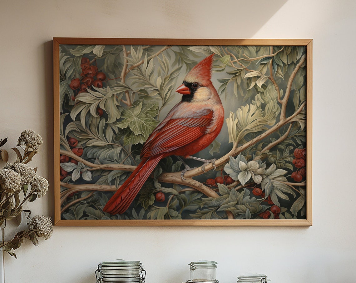 Red Cardinal Songbird Branch Vintage Botanical Bird Art Poster