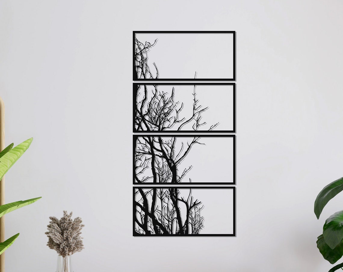 Tree of Life Four Panel Metal Wall Art Bare Branch Vertical Wall Decor