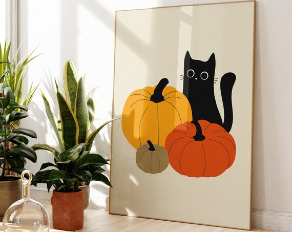 Fall Black Cat Pumpkin Print Fall Home Decor Autumn Wall Art Decor Halloween Decorations Indoor Cute Halloween Wall Art Pumpkin Decor
