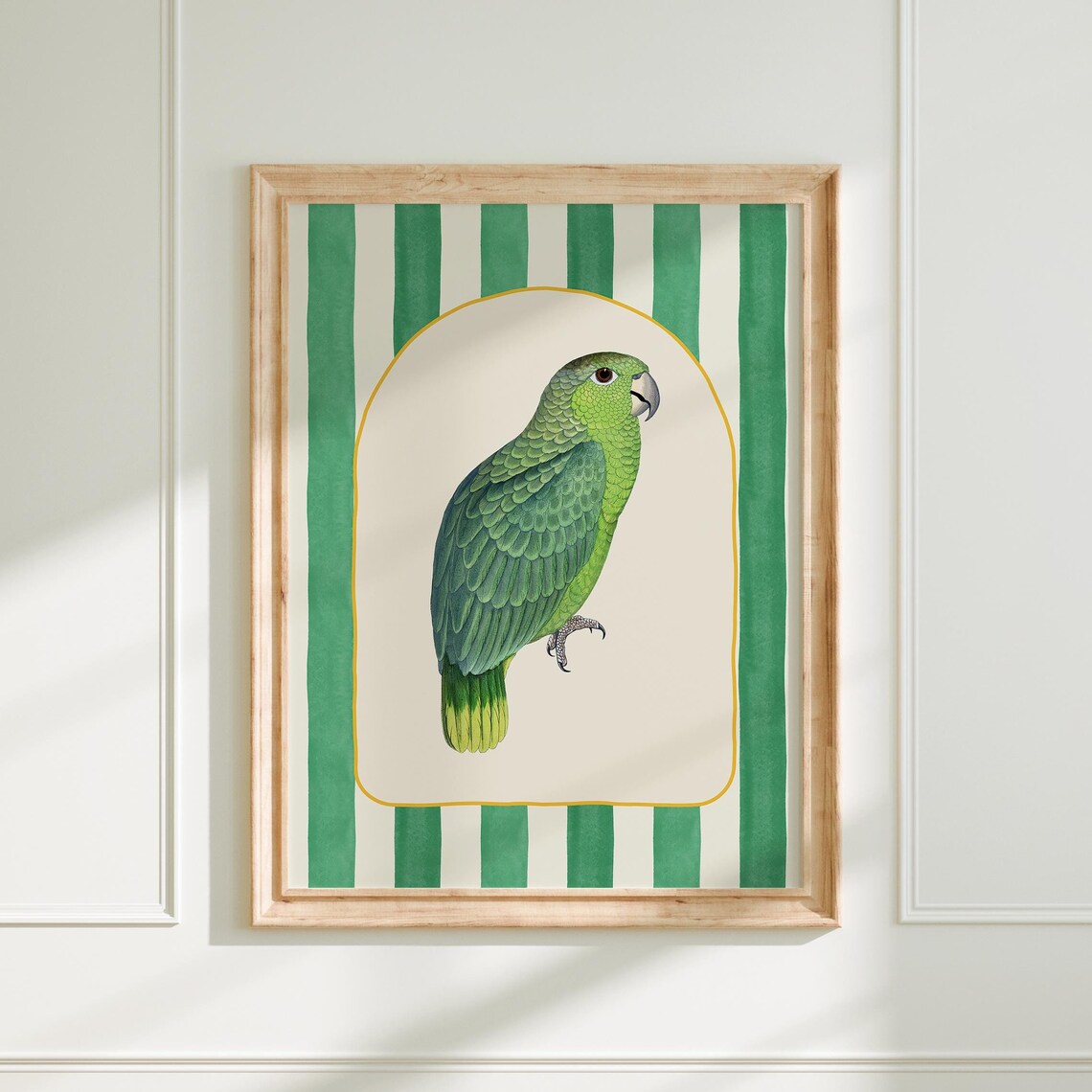 Green Striped Parrot, Maximalist Vintage Bird Art Print