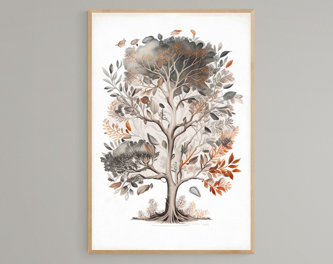 Autumn Tree Of Life With Birds Watercolor Botanical Zen Poster