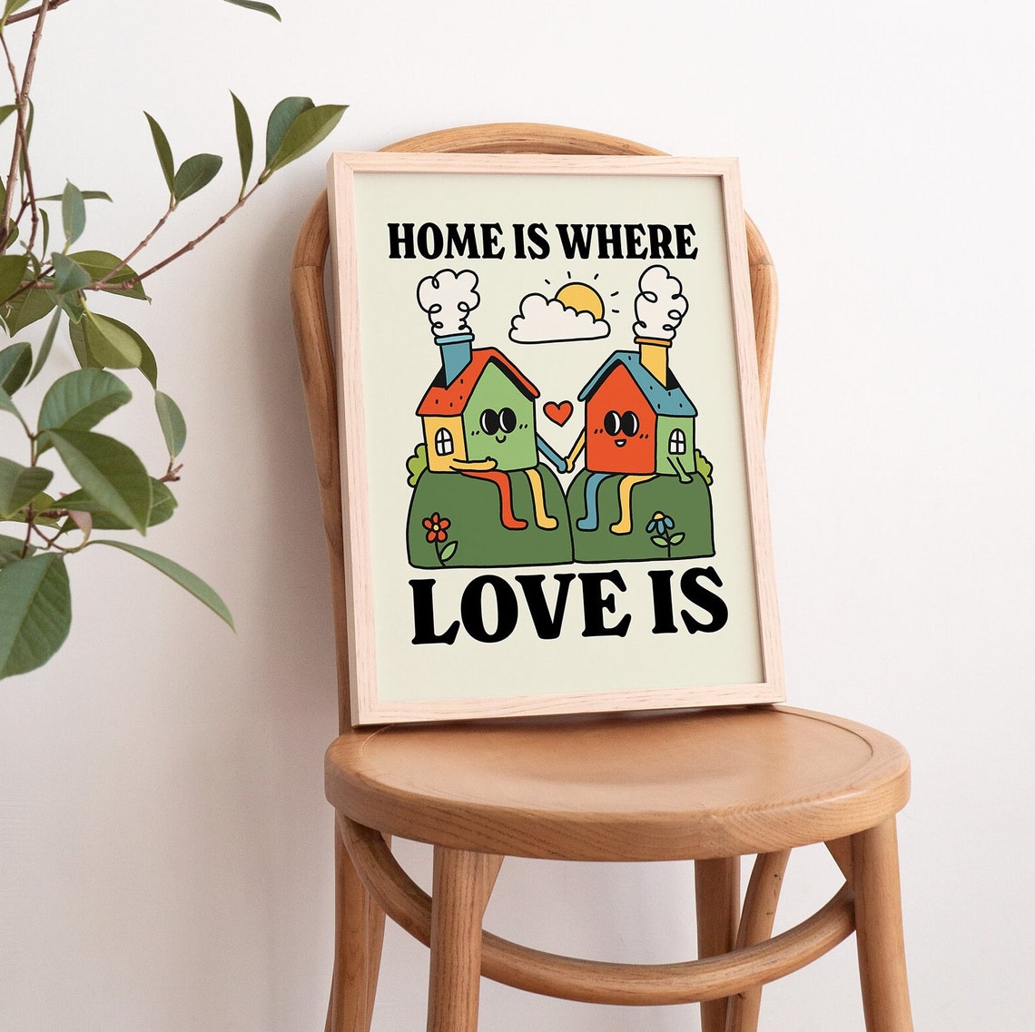 Home Is Where Love Is Smiling Houses Holding Hands Retro Wall Art - Image 2