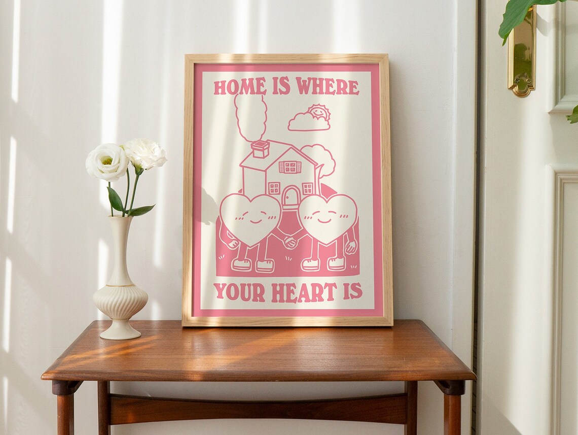 Home Is Where Your Heart Is Pink Hearts House Retro Quote Poster - Image 2