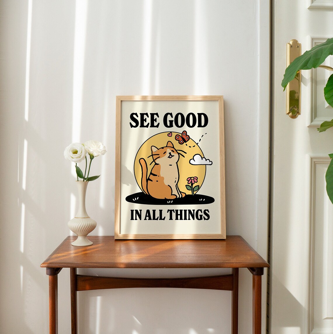 See Good In All Things Smiling Cat Butterfly Sunflower Quote Poster - Image 2