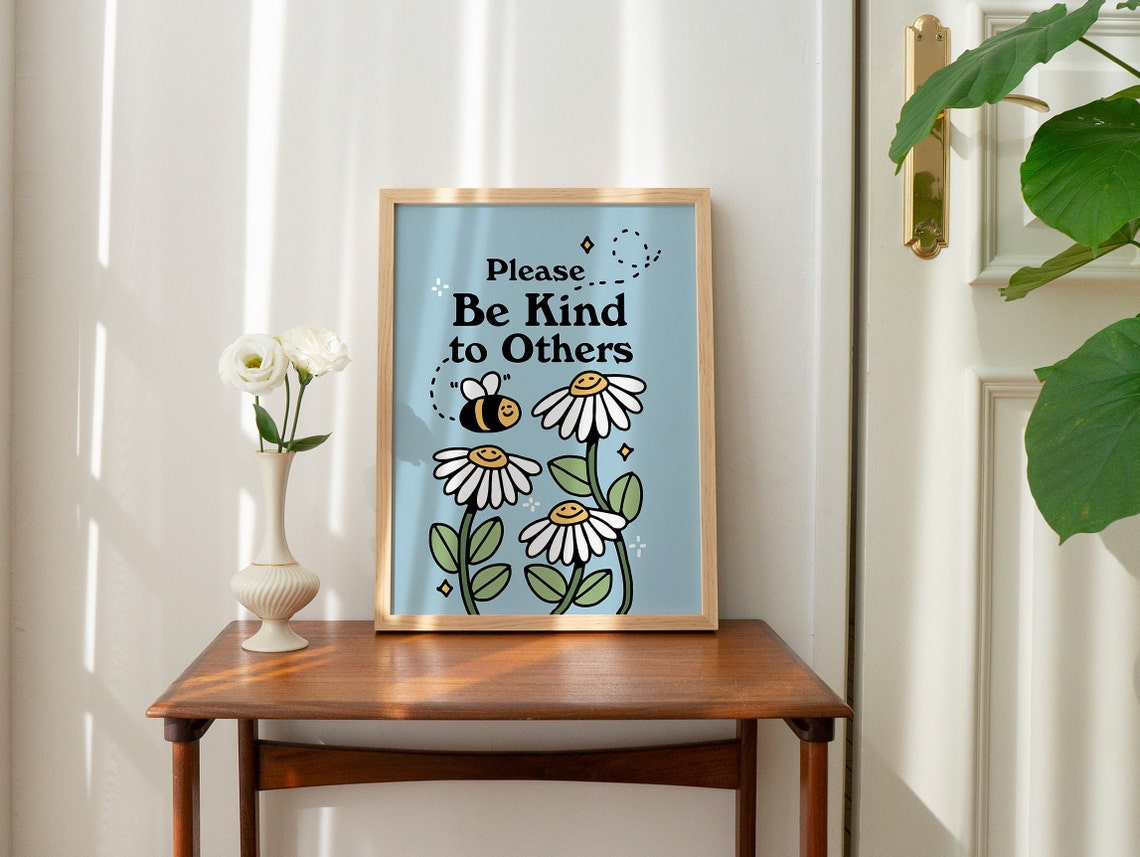 Please Be Kind To Others Smiling Bee Daisy Blue Nursery Poster - Image 2