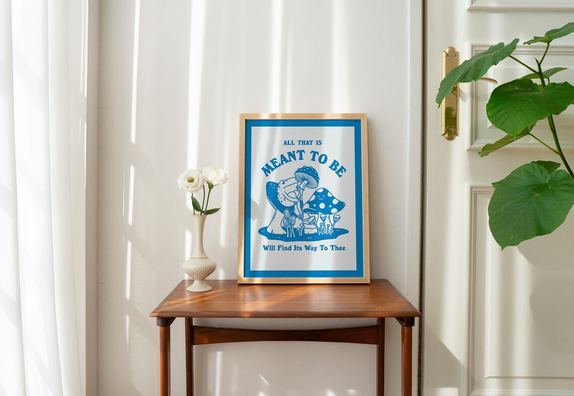 All That Is Meant To Be Frog Hugging Mushroom Blue Retro Poster - Image 2