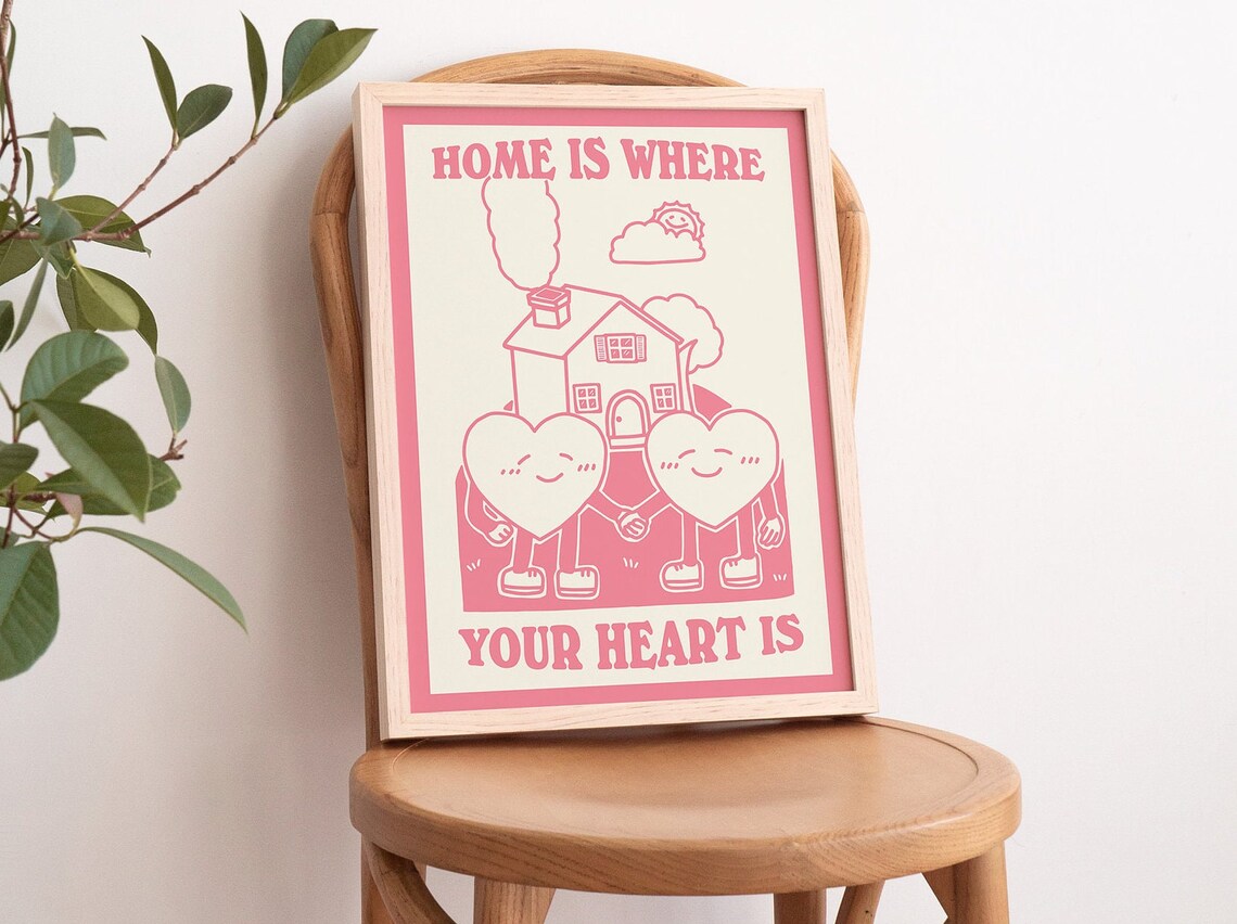 Home Is Where Your Heart Is Pink Hearts House Retro Quote Poster - Image 3
