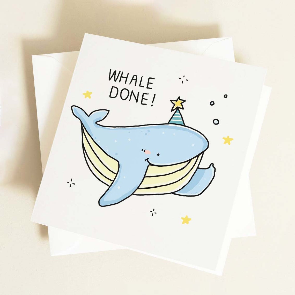 Whale Done Pun Greeting Card Blue Whale Party Hat Congratulations