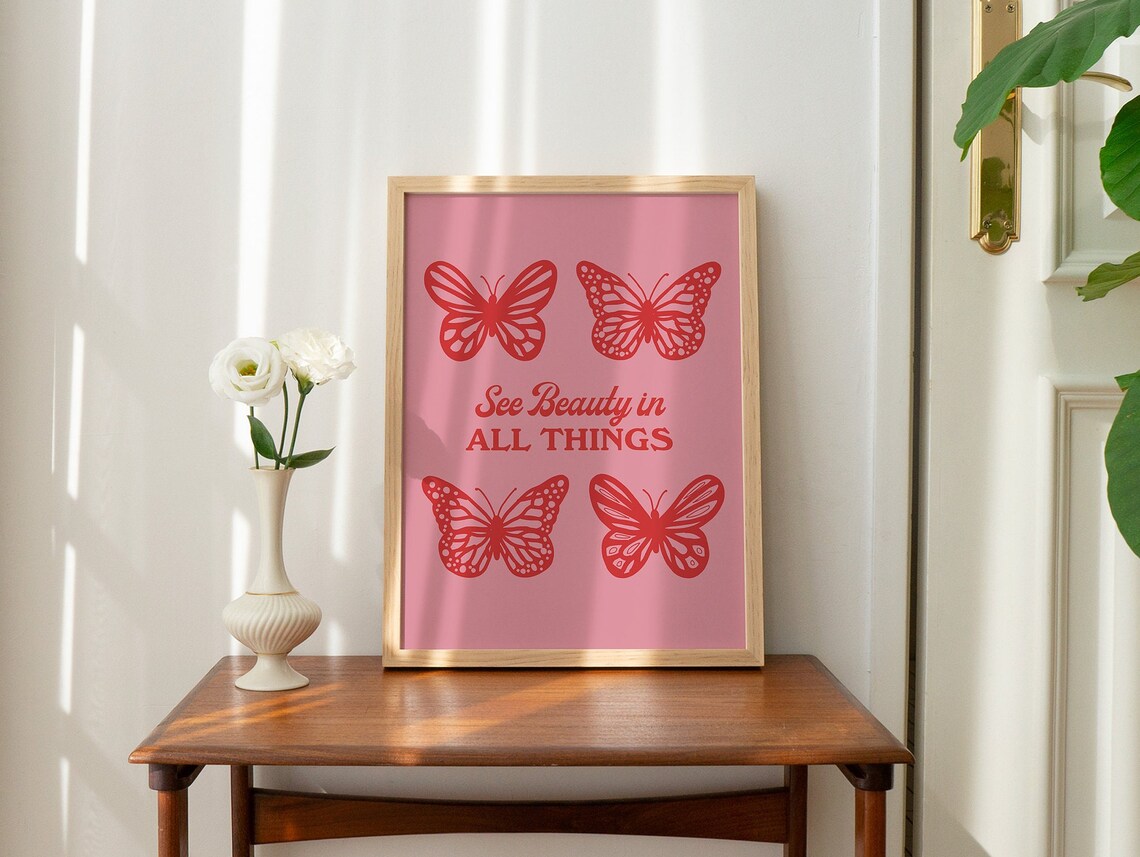 See Beauty in All Things Red Butterflies Pink Retro Quote Poster - Image 3