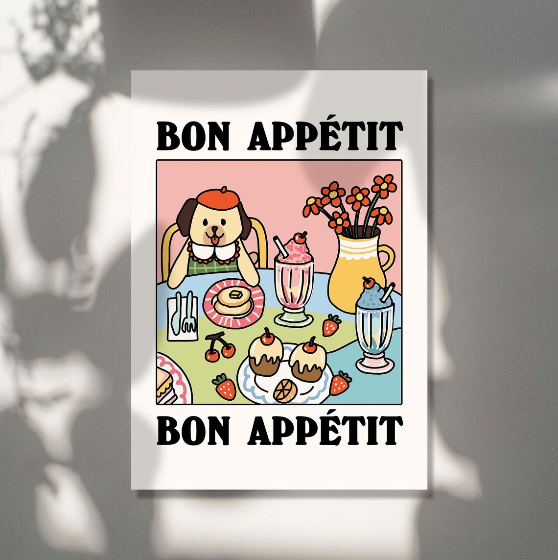 Bon Appetit Cute Dog Cafe Retro Kitchen Bistro Wall Art Print Decor - Image 2