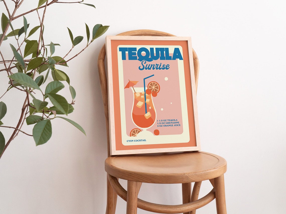 Tequila Sunrise Cocktail Recipe Retro Orange Bar Kitchen Poster - Image 3