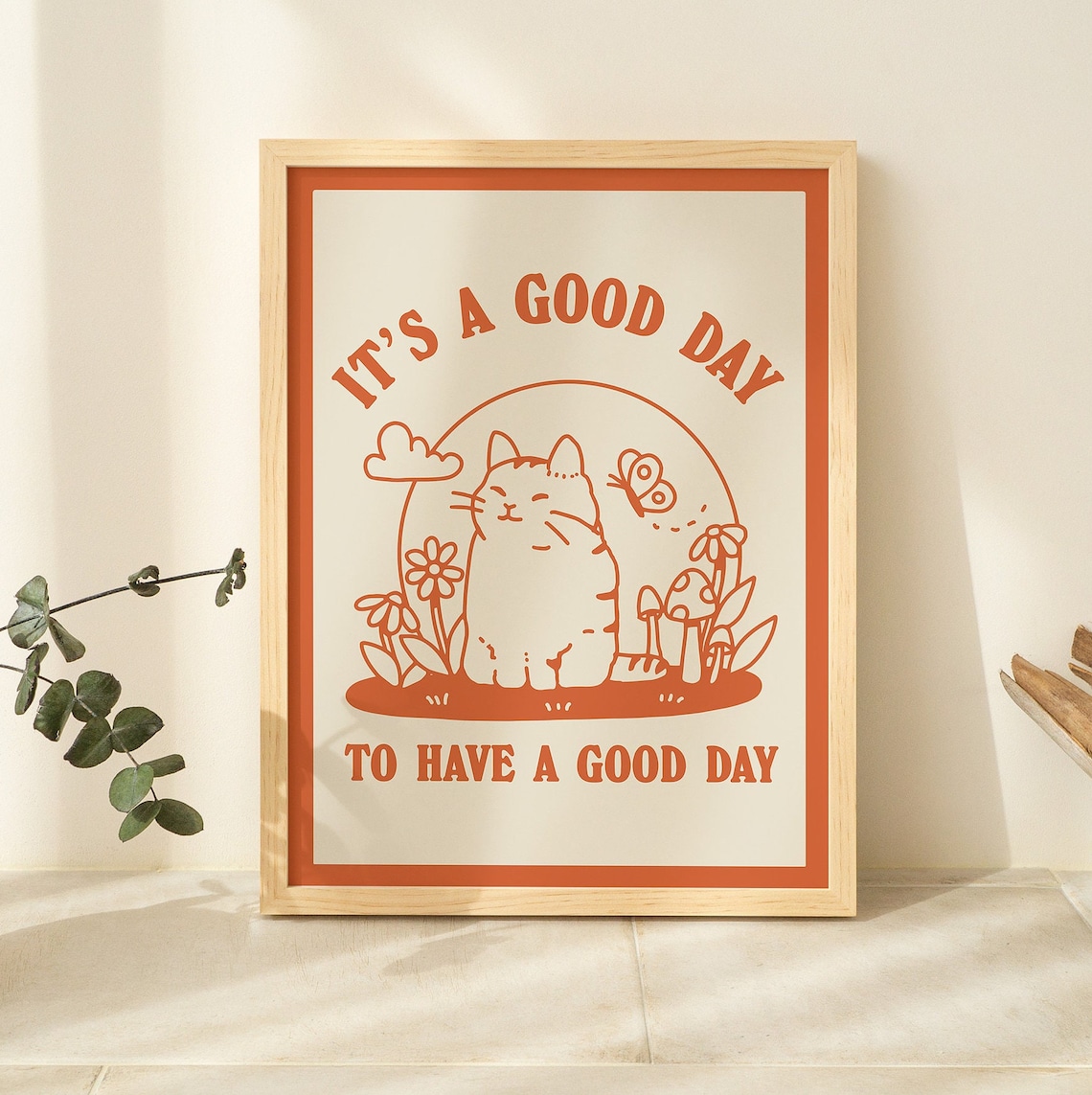 Cat Illustration Happiness Quote Cute Kids Classroom Art Print