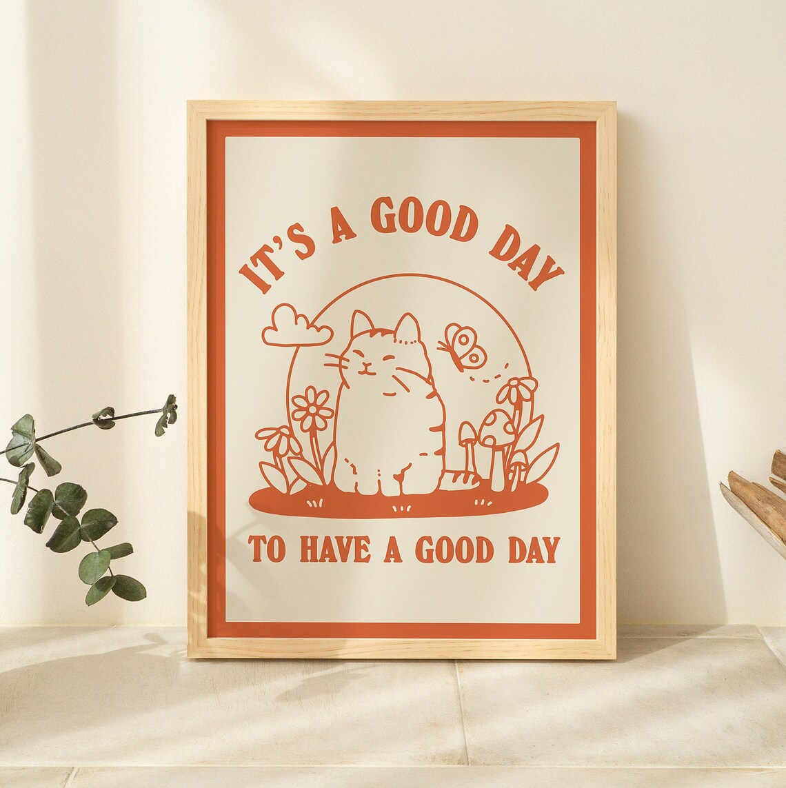 Cat Illustration Happiness Quote Poster, Cottagecore Decor - Image 2