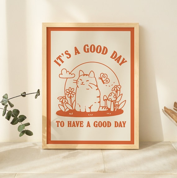 Cat Illustration Happiness Quote Cute Kids Classroom Art Print