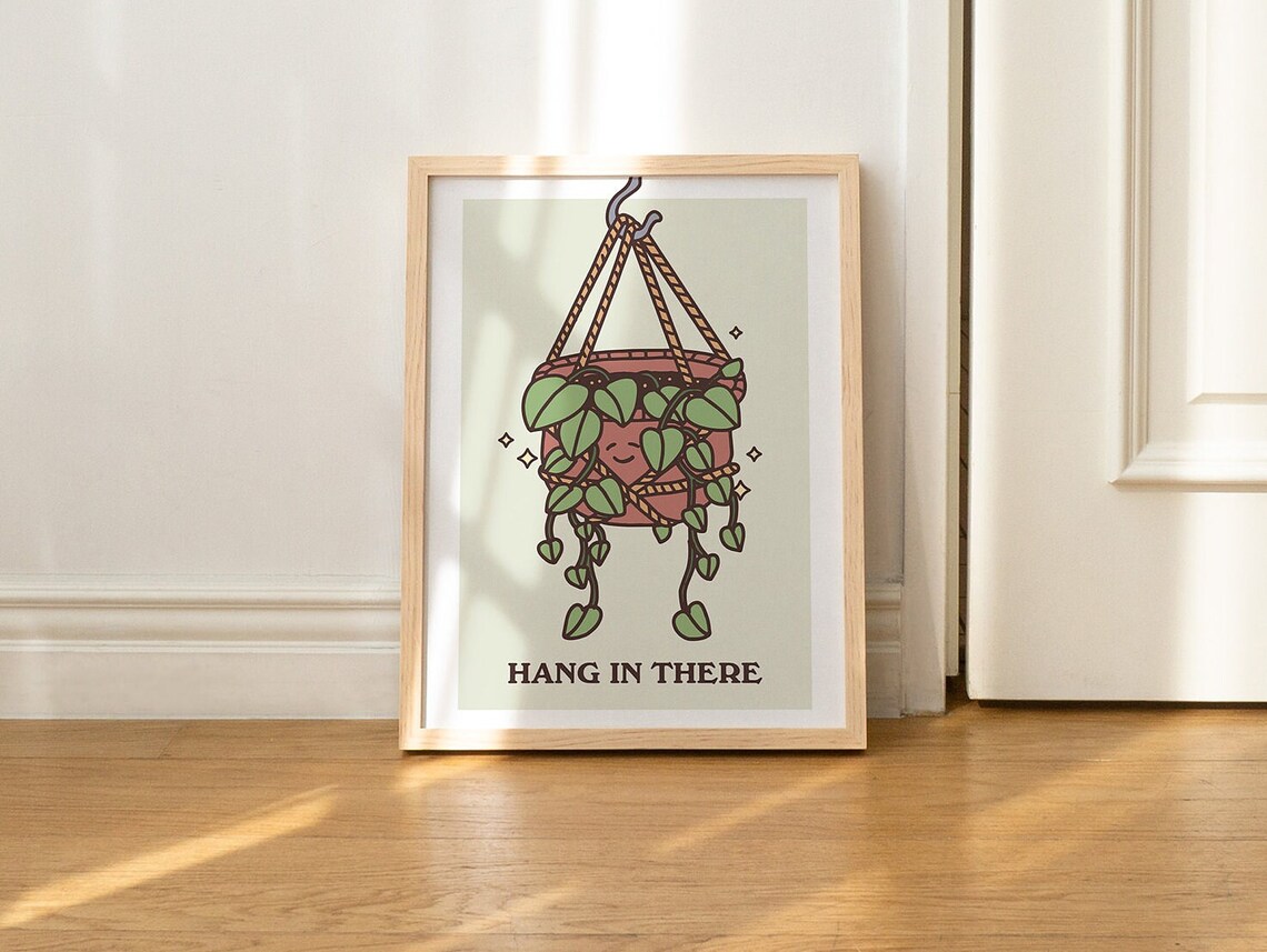 Hang In There Cute Hanging Plant Smiling Sage Green Quote Poster - Image 2