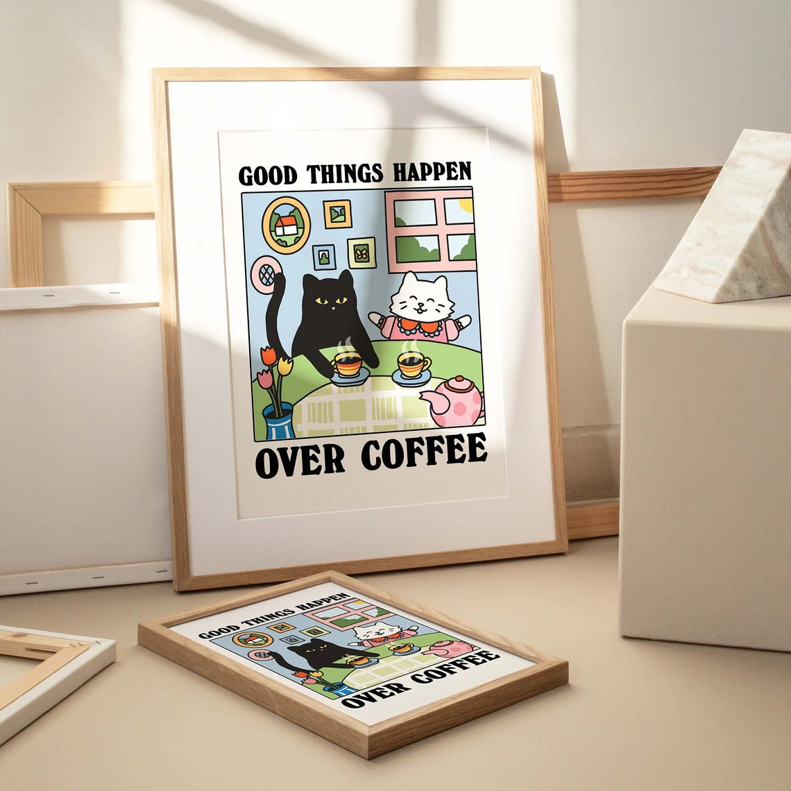 Good Things Happen Over Coffee Retro Cozy Cats Kitchen Poster - Image 3