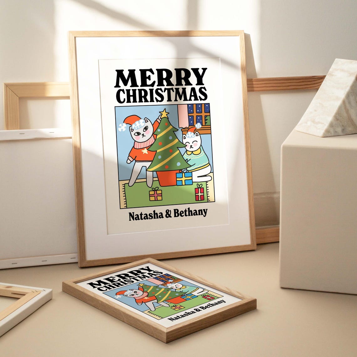 Custom Merry Christmas Cat Print Cute Personalised Xmas Decor Christmas 2024 Custom Name Gift Festive Decor Framed Unframed Festive - Image 3
