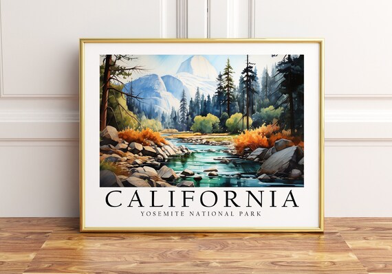 California Yosemite National Park Watercolor Valley Travel Poster