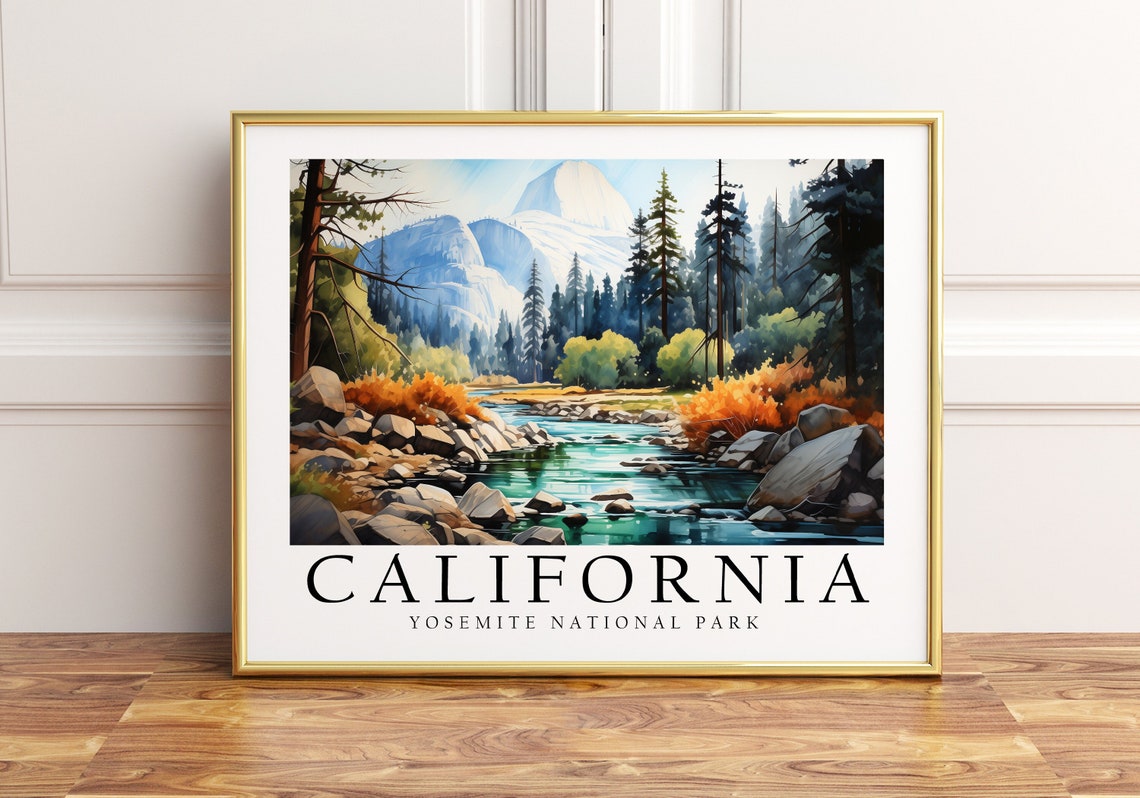 California Yosemite National Park Watercolor Valley Travel Poster