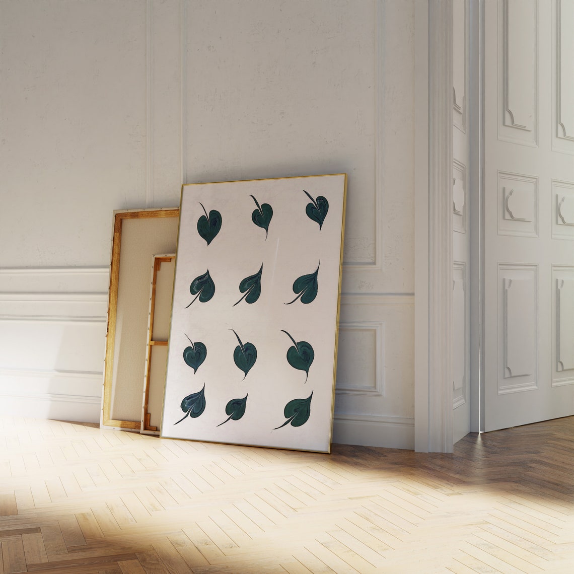 Twelve Green Heart Leaf Pattern Minimalist Botanical Grid Art Poster - Image 2