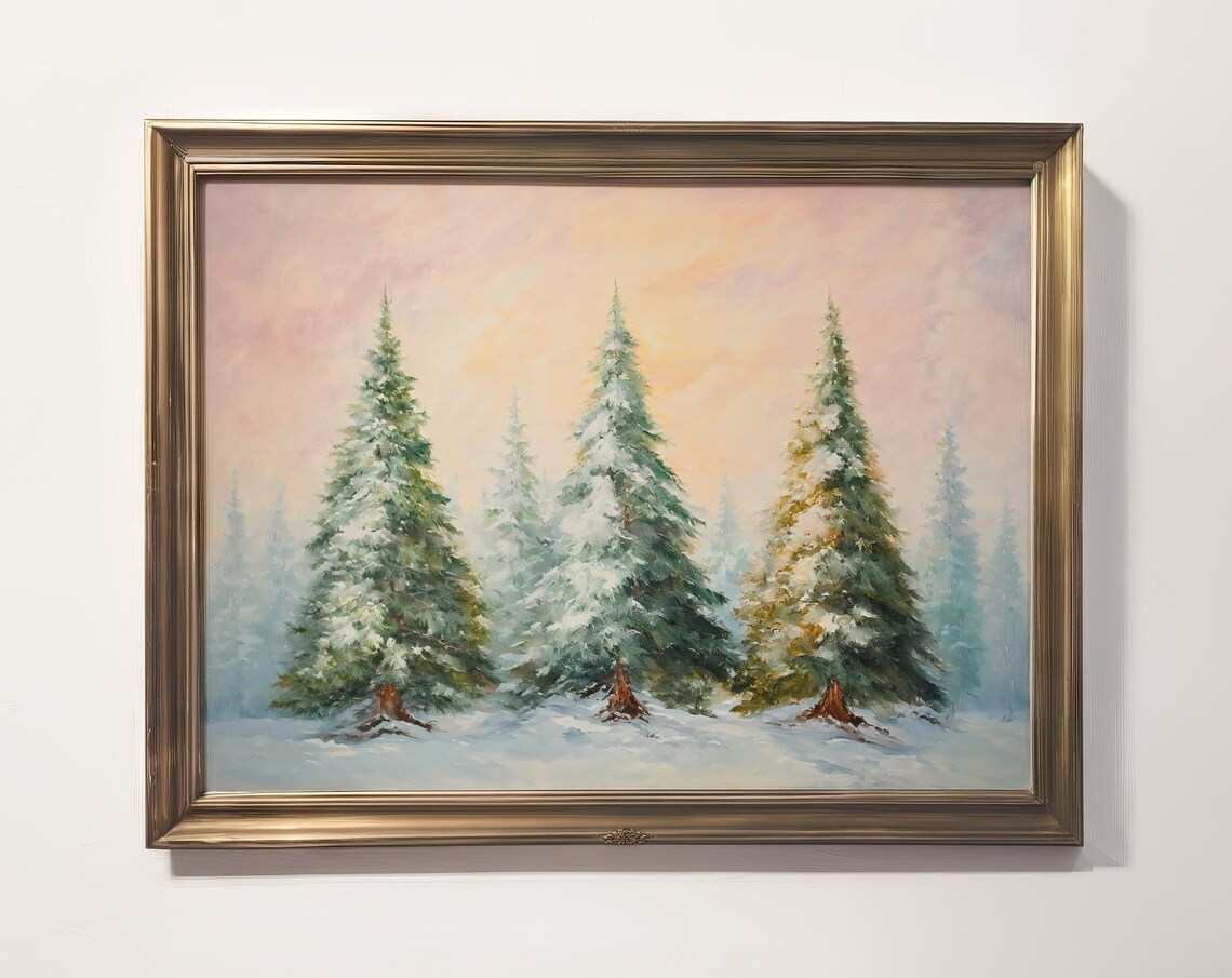 Winter Forest Sunrise Landscape, Rustic Vintage Art Print