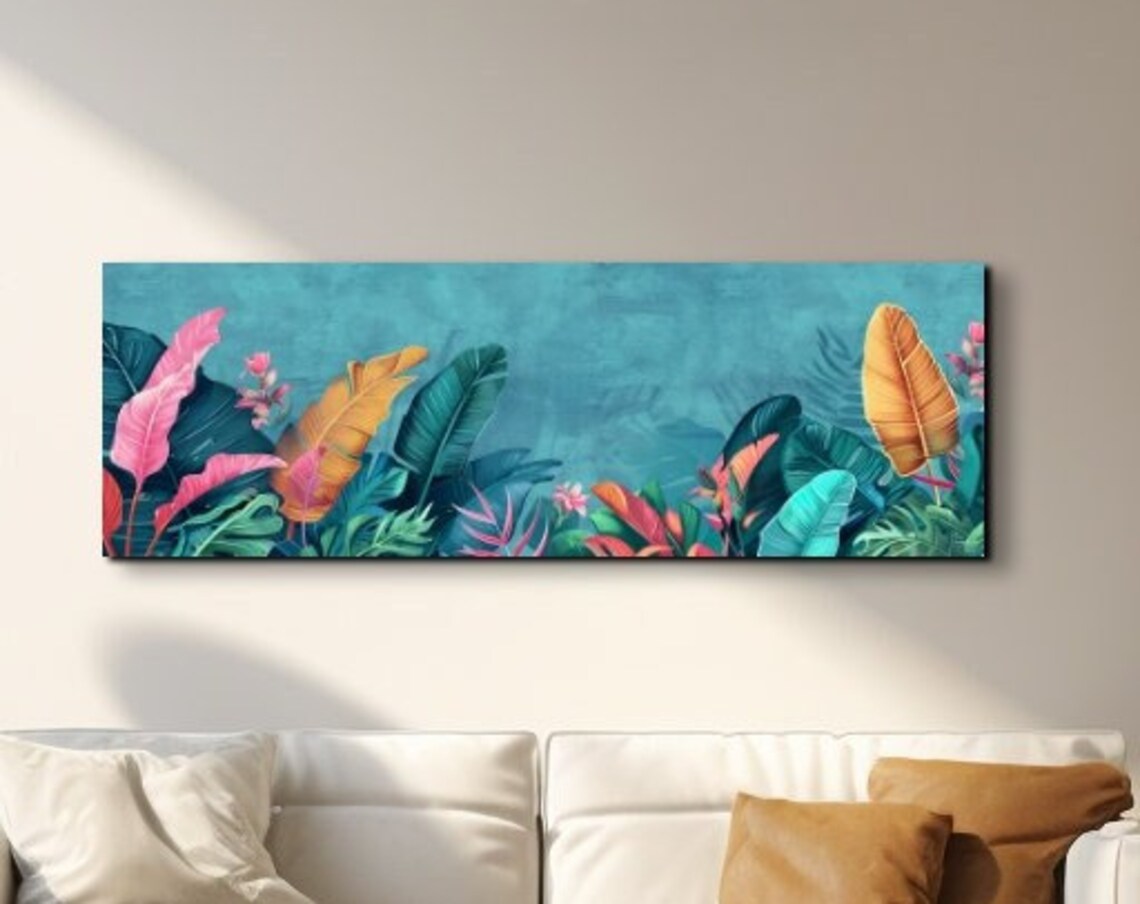 Colorful Tropical Leaves in Pink and Teal Panoramic Wall Art