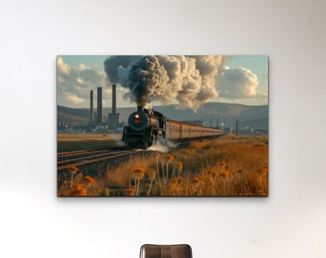 Steam Locomotive Front View Dark Smoke Golden Field Train Poster