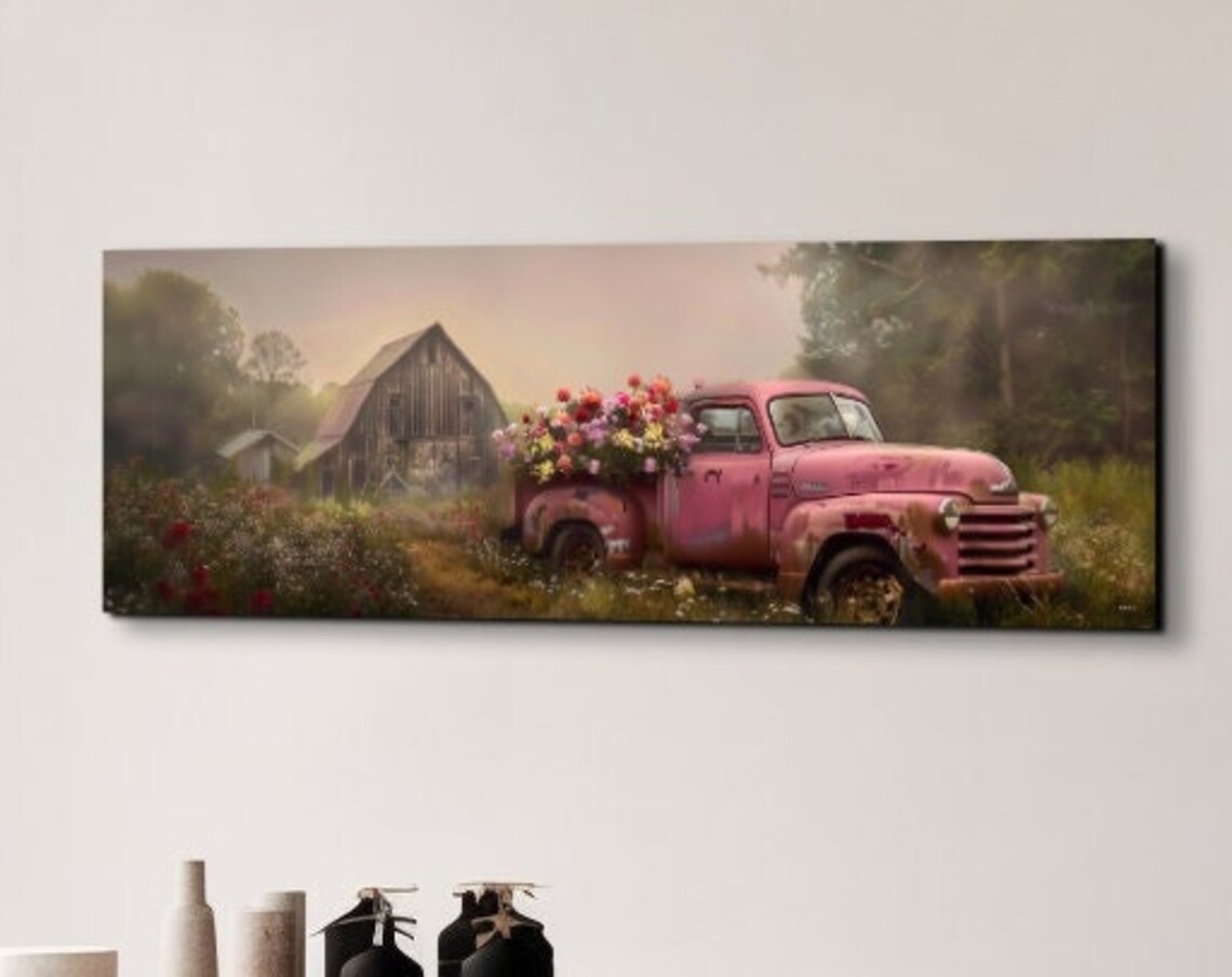 Pink Pickup On A Farm, Panoramic Art Print