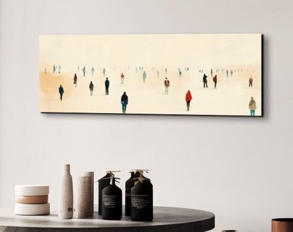 Panoramic Minimalist Green And Beige With Abstract People In The Horizon Ready To Hang Panoramic Wall Art Print