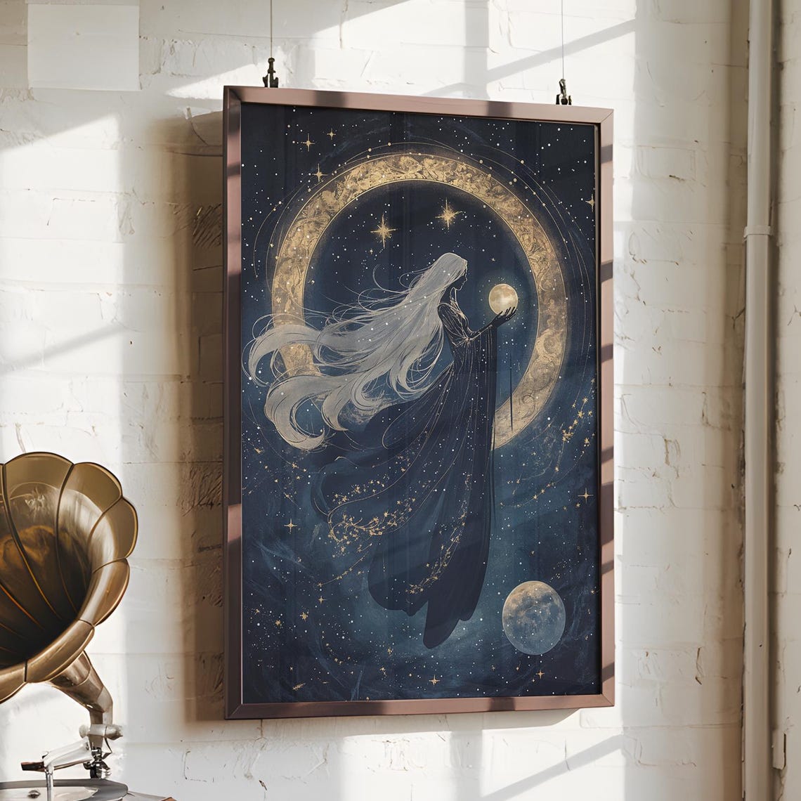 Golden Moon Ring Goddess White Hair Starry Night Celestial Poster