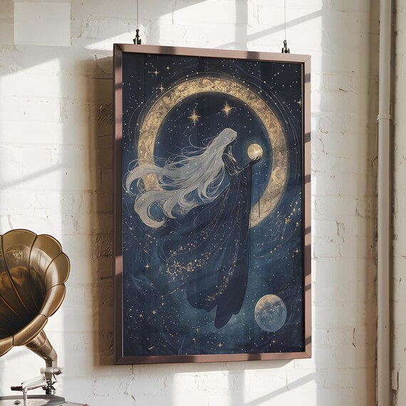 Golden Moon Ring Goddess White Hair Starry Night Celestial Poster