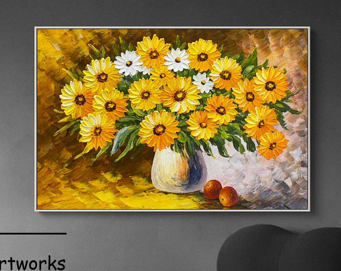Yellow Flowers In Vase Still Life Painting Sunflowers Oil Painting Original Fine Art Artwork Flowers Wall Art Living Room Bedroom Decor