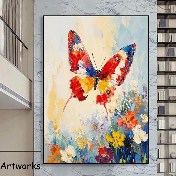 Large Abstract Colorful Butterfly Oil Painting On Butterfly Floral Art Boho Wall Art Vibrant Nature Artwork Bedroom Wall Art