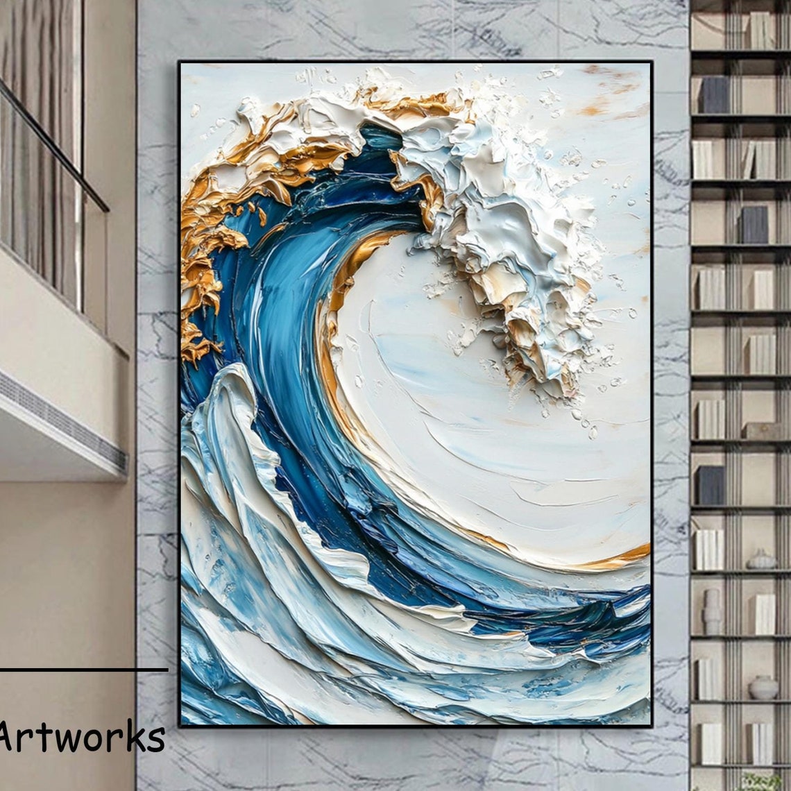 Blue Ocean Wave With Gold Crest White Foam Impasto Art Poster