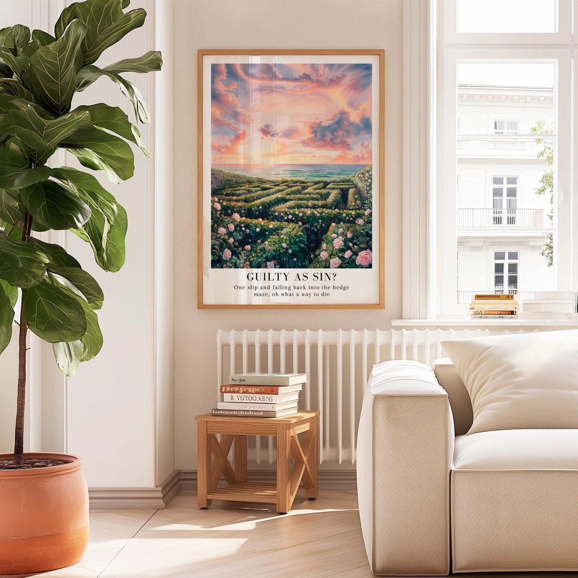 Floral Garden Maze Labyrinth Sunset Ocean Scenic Watercolor Art Poster - Image 3