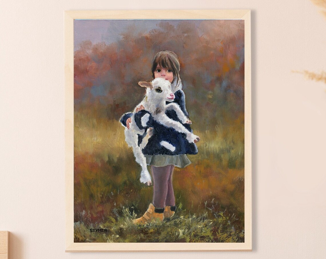 Little Girl Carrying Lamb In Field Farmhouse Oil Painting Poster - Image 5