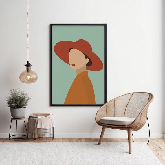 Woman In Red Hat Print Modern Minimalist Wall Art Boho Female Portrait Faceless Illustration Fashion